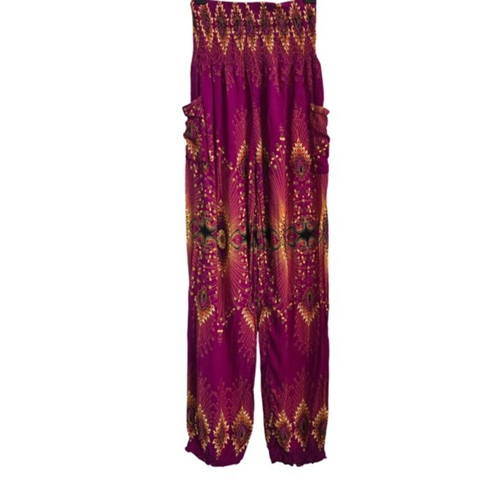 Emily Magenta Purple Mandala Print Smocked Waist Harem Boho‎ Festival Pants